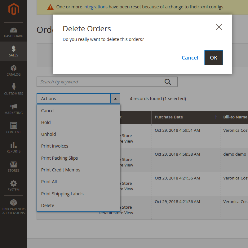 Magento 2 Delete Orders Select Items